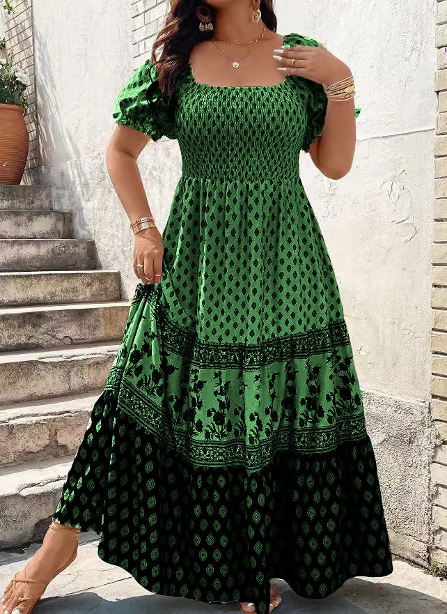 Women Bohemian Short Sleeve Smocked Dress Floral Print Boho Holiday Sundress