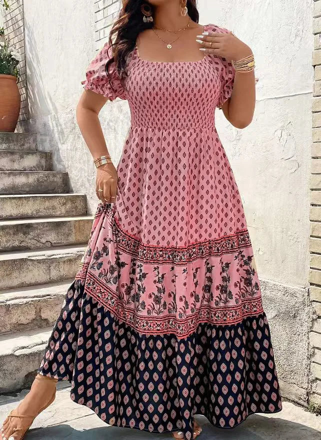 Women Bohemian Short Sleeve Smocked Dress Floral Print Boho Holiday Sundress