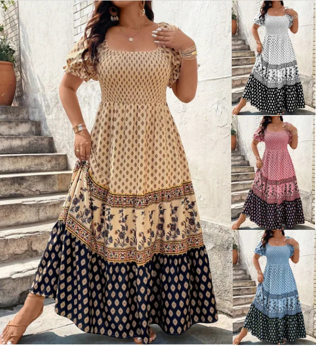 Women Bohemian Short Sleeve Smocked Dress Floral Print Boho Holiday Sundress