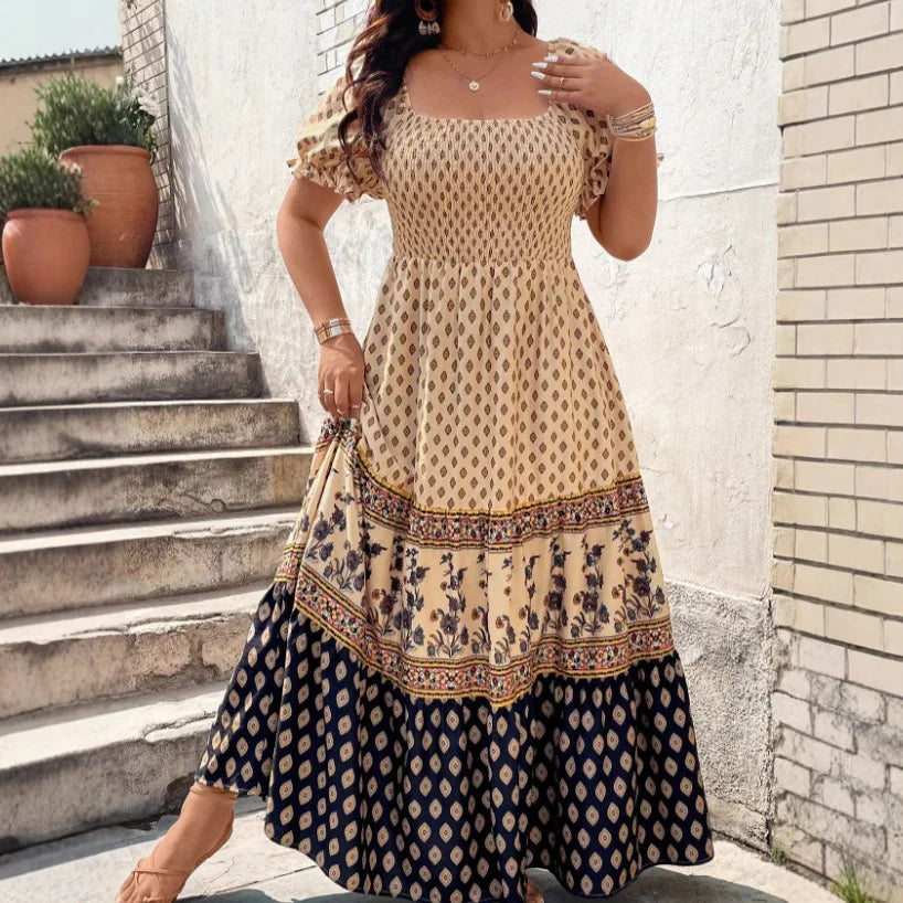 Women Bohemian Short Sleeve Smocked Dress Floral Print Boho Holiday Sundress