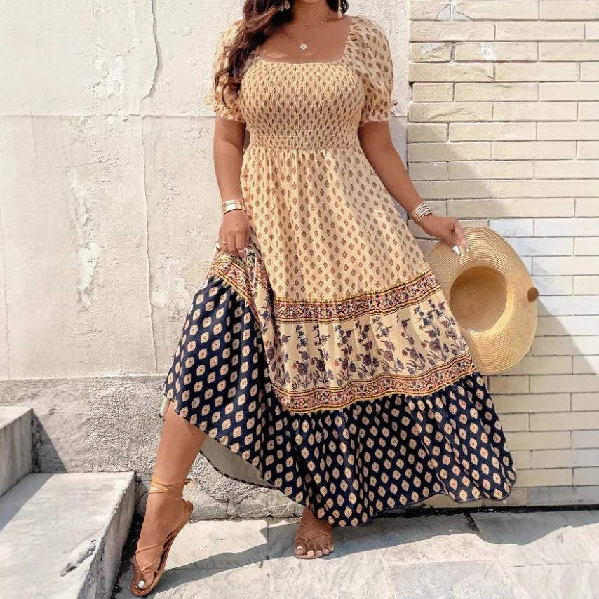 Women Bohemian Short Sleeve Smocked Dress Floral Print Boho Holiday Sundress