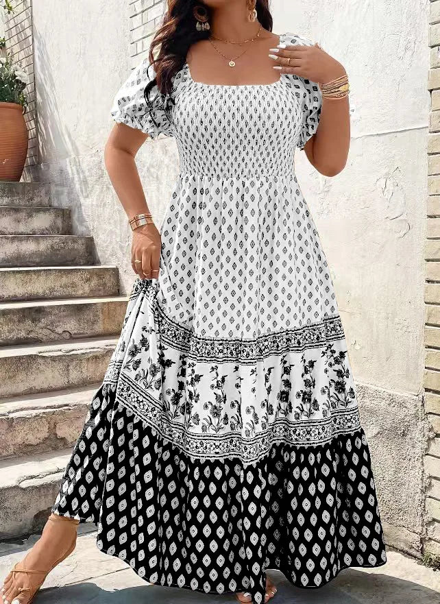 Women Bohemian Short Sleeve Smocked Dress Floral Print Boho Holiday Sundress
