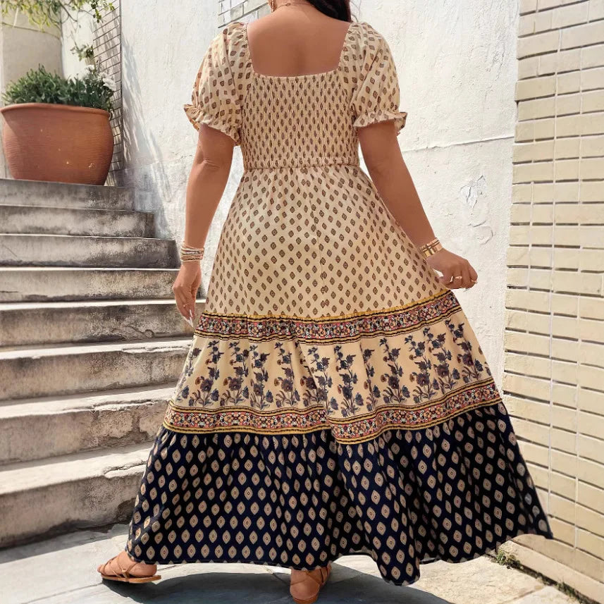 Women Bohemian Short Sleeve Smocked Dress Floral Print Boho Holiday Sundress