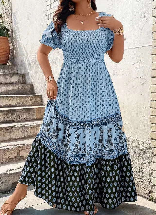 Women Bohemian Short Sleeve Smocked Dress Floral Print Boho Holiday Sundress