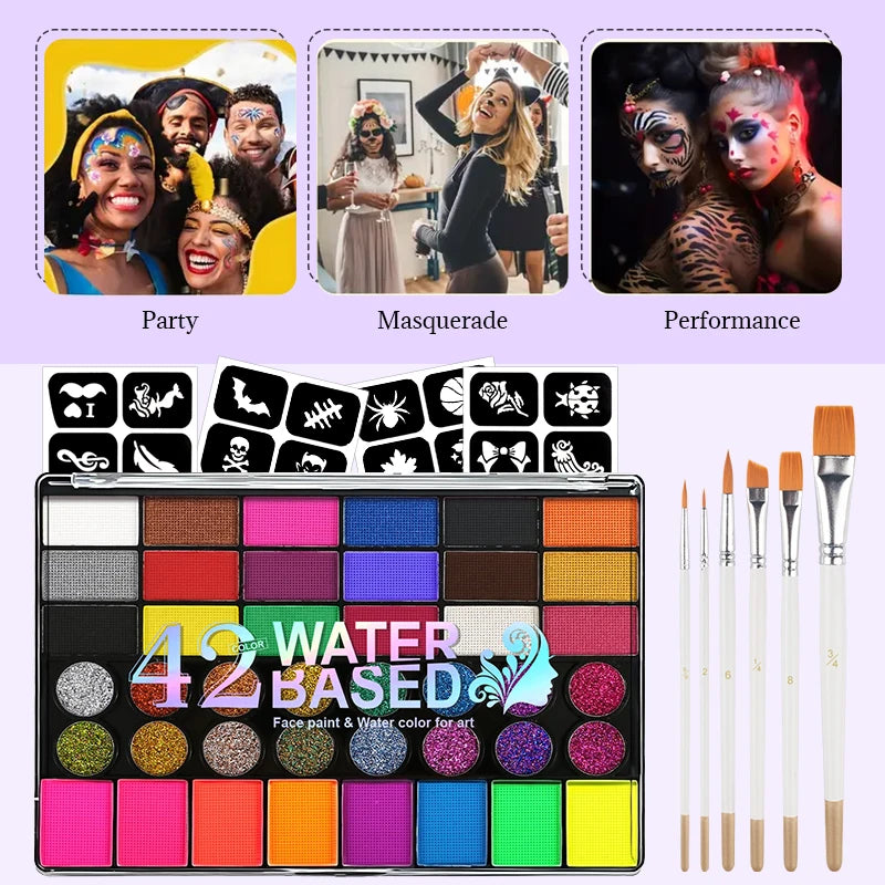 42-Color Facial Painting Kit,Vibrant Water-Acetated Face Painting Set for Parties,Birthdays & Halloween,Includes Brushes,Canvas