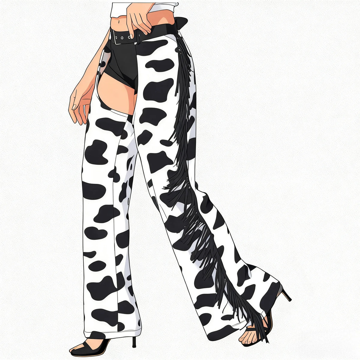 Womens Cow Spot Flannel Long Pants Side Tassel Adjustable Waist Open Crotch Biking Riding Cowgirl Halloween Cospaly Trousers