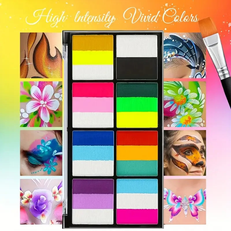 Palette Rainbow Stripe Paint Set with Brushes, Water Based Dual-Tone Face and Body Paint Palette, Christmas Halloween  Cosplay