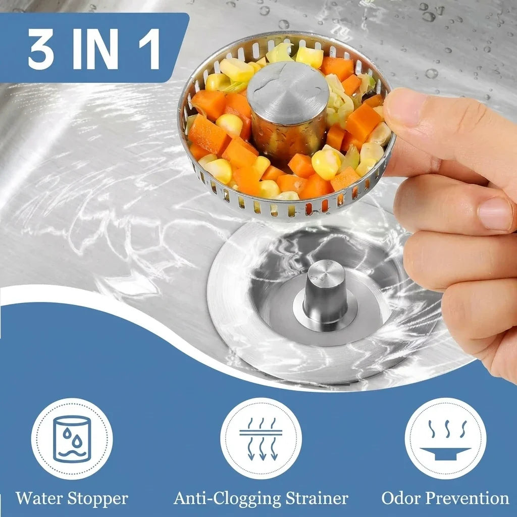 3-in-1 Sink Strainer Pop-Up Stopper with Anti-Clog Basket And Odor Filter Kitchen Sink Drain with Basket Strainer And Stopper
