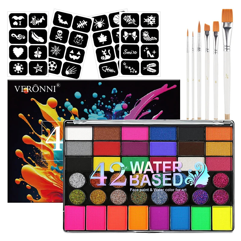 42-Color Facial Painting Kit,Vibrant Water-Acetated Face Painting Set for Parties,Birthdays & Halloween,Includes Brushes,Canvas