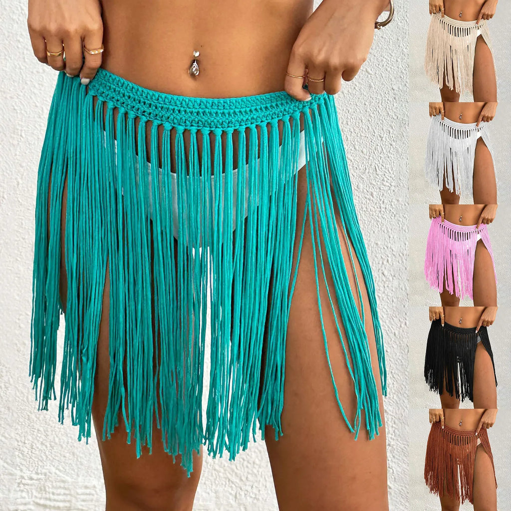 Ladies' Strap Up Skirt Beach Bikini Hoodie Pure Hand Hook Tassel Skirt Half Body Skirt Summer Beachwear Bikinis Vacation Y2k