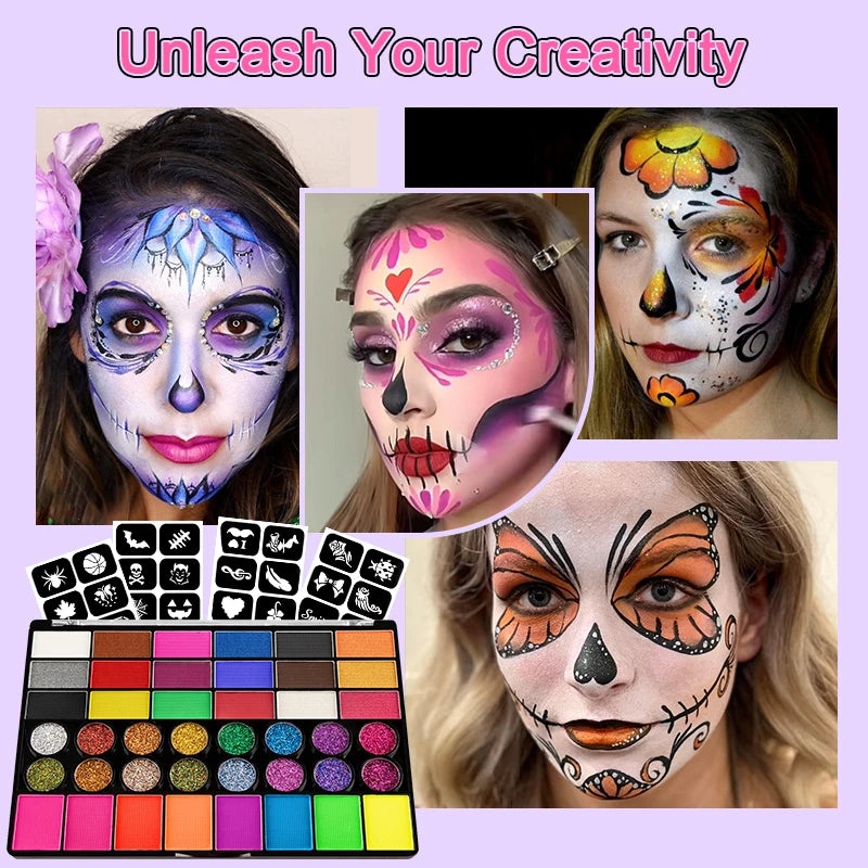 42-Color Facial Painting Kit,Vibrant Water-Acetated Face Painting Set for Parties,Birthdays & Halloween,Includes Brushes,Canvas