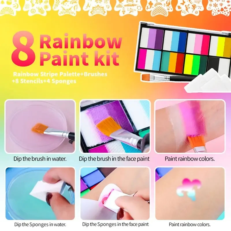 Palette Rainbow Stripe Paint Set with Brushes, Water Based Dual-Tone Face and Body Paint Palette, Christmas Halloween  Cosplay