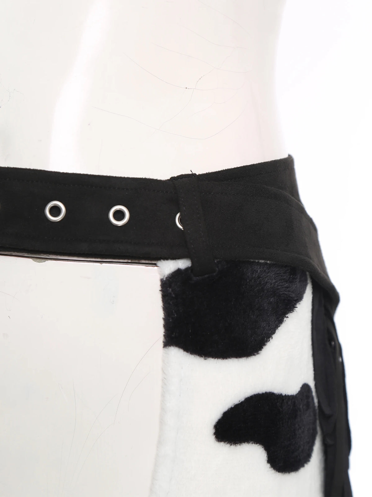 Womens Cow Spot Flannel Long Pants Side Tassel Adjustable Waist Open Crotch Biking Riding Cowgirl Halloween Cospaly Trousers