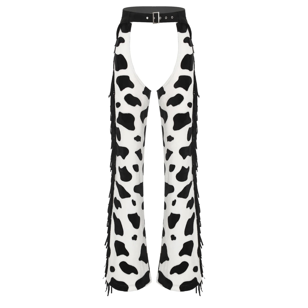 Womens Cow Spot Flannel Long Pants Side Tassel Adjustable Waist Open Crotch Biking Riding Cowgirl Halloween Cospaly Trousers