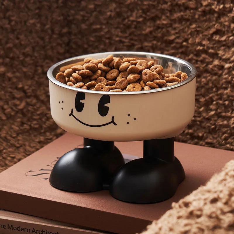 Pet Bowl A smiling face high-legged, fashionable stainless steel large-capacity dog bowl for feeding and water, neck-protectin