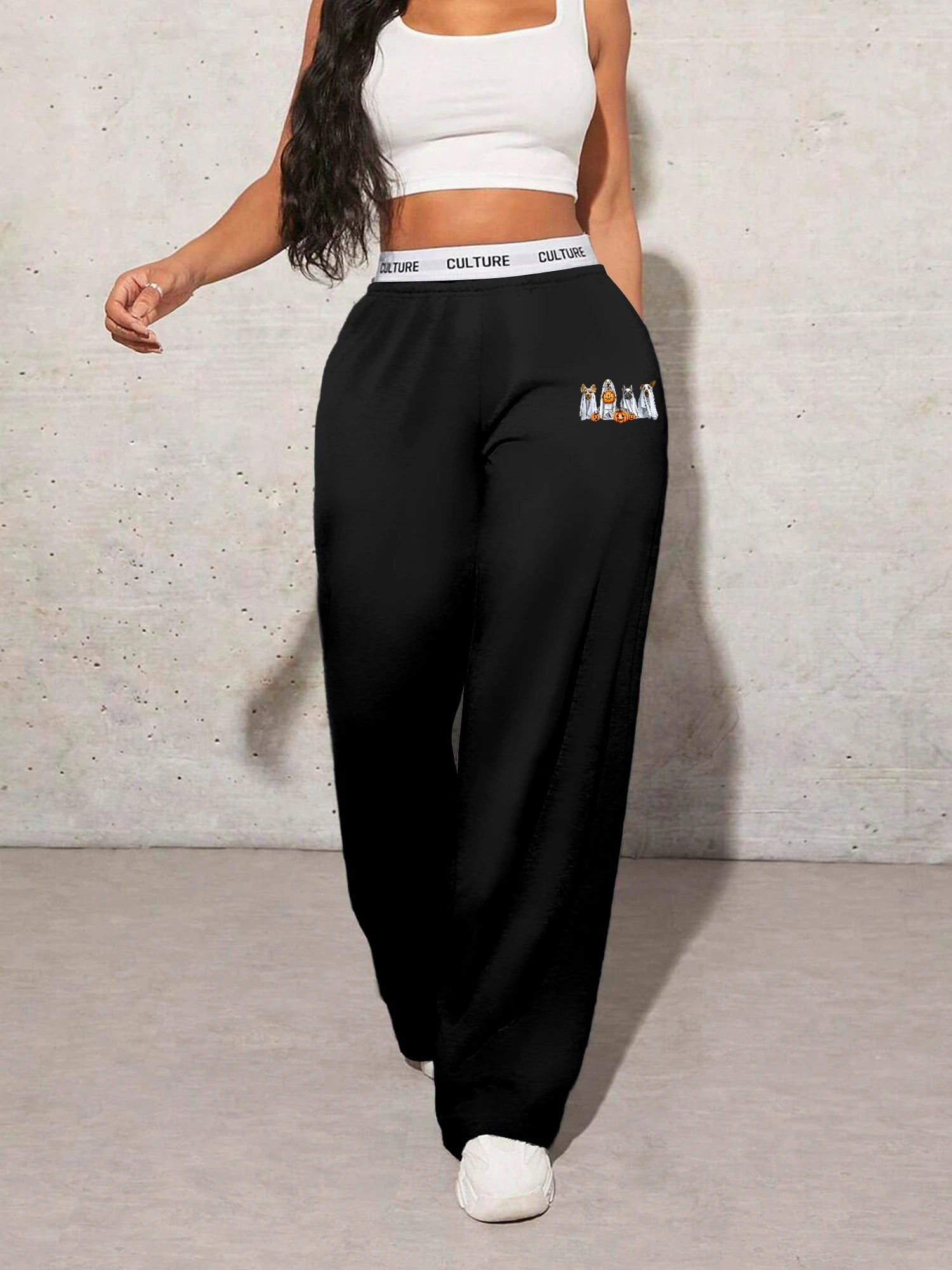 Autumn Women's Pants Halloween Cartoon Print Casual Loose Women's Wide Leg Pants Webbing Fashion Female Clothing