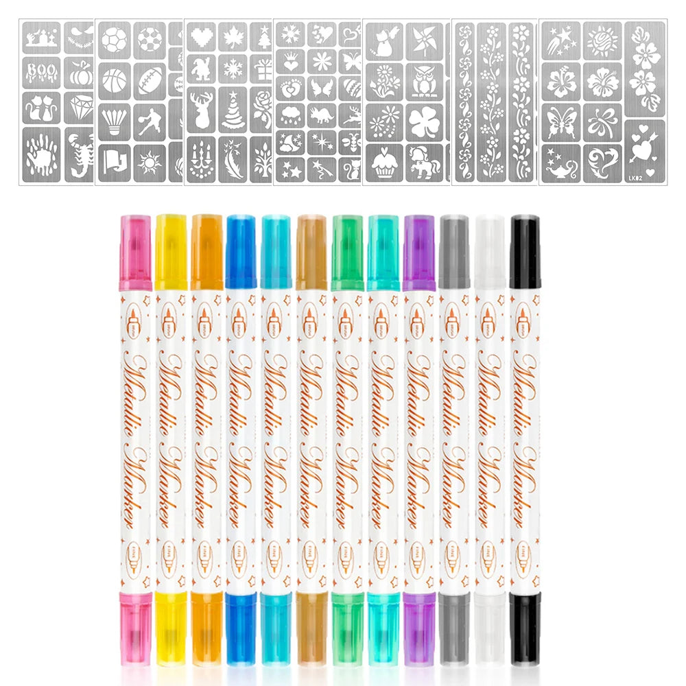 Temporary Tattoo Markers 12 Metallic Marker and 93 Tattoo Stencil Designs Cosmetic Tattoos Pens for Halloween Carnival Christmas
