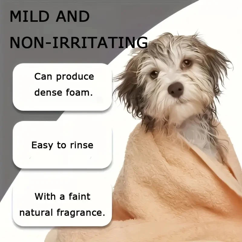 Pet shampoo; cleans fur, removes odors, makes fur soft and not dry, has a long-lasting fragrance, specially designed for pets, suitable for bathing dogs and cats