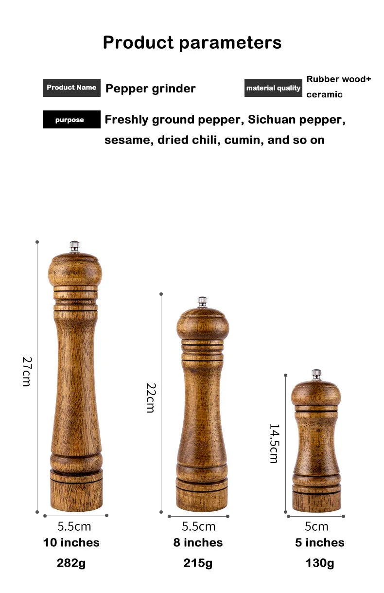 5" 8" 10" Salt and Pepper Grinder, Solid Wood Spice Pepper Mill with Strong Adjustable Ceramic Grinder Kitchen Cooking Tools