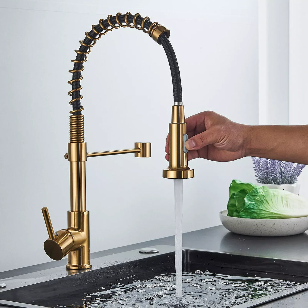 Brushed Gold Kitchen Sink Faucet One Handle Spring Hot and Cold Water Tap Deck Mounted Bathroom Kitchen Crane