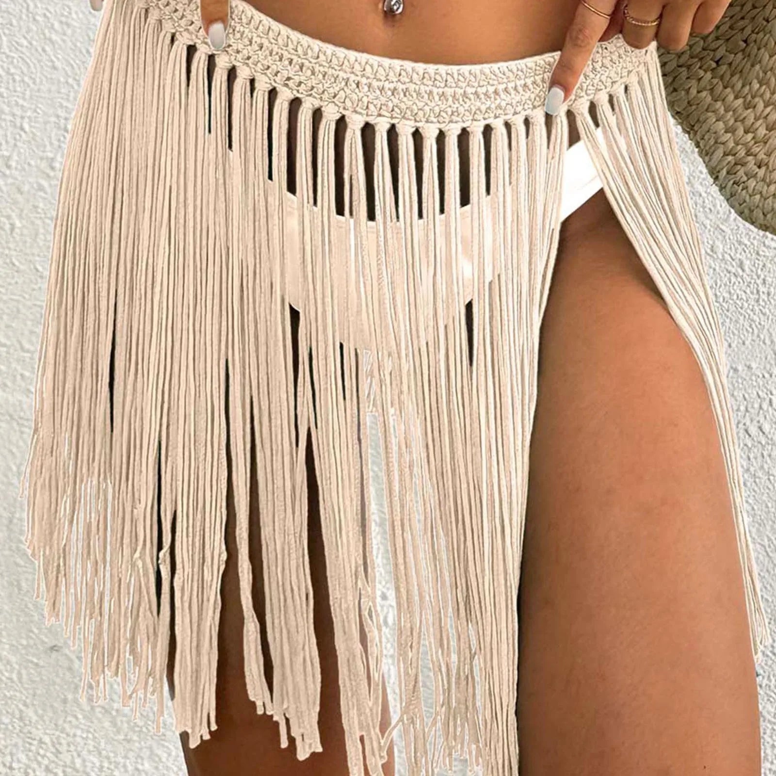 Ladies' Strap Up Skirt Beach Bikini Hoodie Pure Hand Hook Tassel Skirt Half Body Skirt Summer Beachwear Bikinis Vacation Y2k