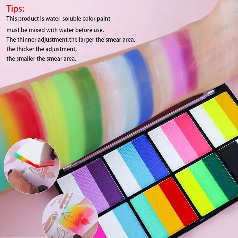 Palette Rainbow Stripe Paint Set with Brushes, Water Based Dual-Tone Face and Body Paint Palette, Christmas Halloween  Cosplay