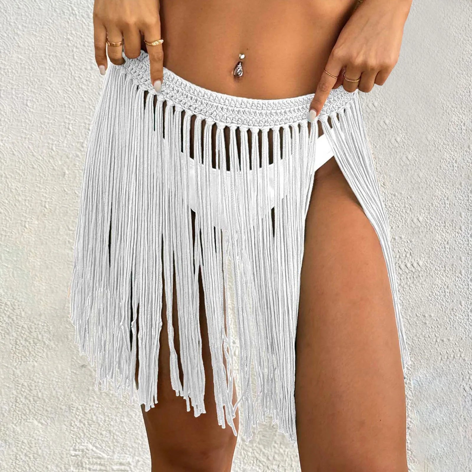 Ladies' Strap Up Skirt Beach Bikini Hoodie Pure Hand Hook Tassel Skirt Half Body Skirt Summer Beachwear Bikinis Vacation Y2k