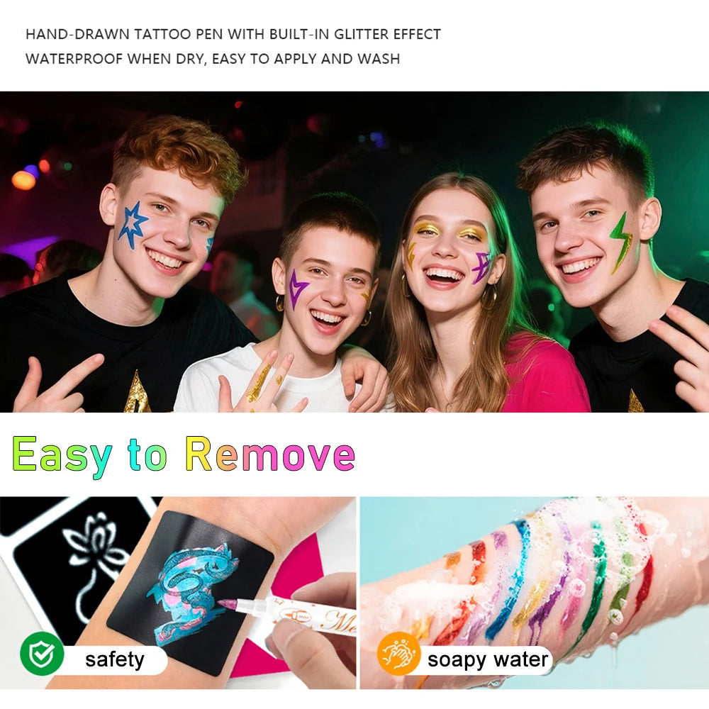 Temporary Tattoo Markers 12 Metallic Marker and 93 Tattoo Stencil Designs Cosmetic Tattoos Pens for Halloween Carnival Christmas