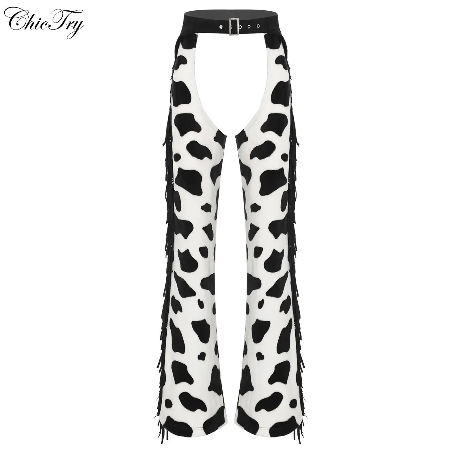 Womens Cow Spot Flannel Long Pants Side Tassel Adjustable Waist Open Crotch Biking Riding Cowgirl Halloween Cospaly Trousers