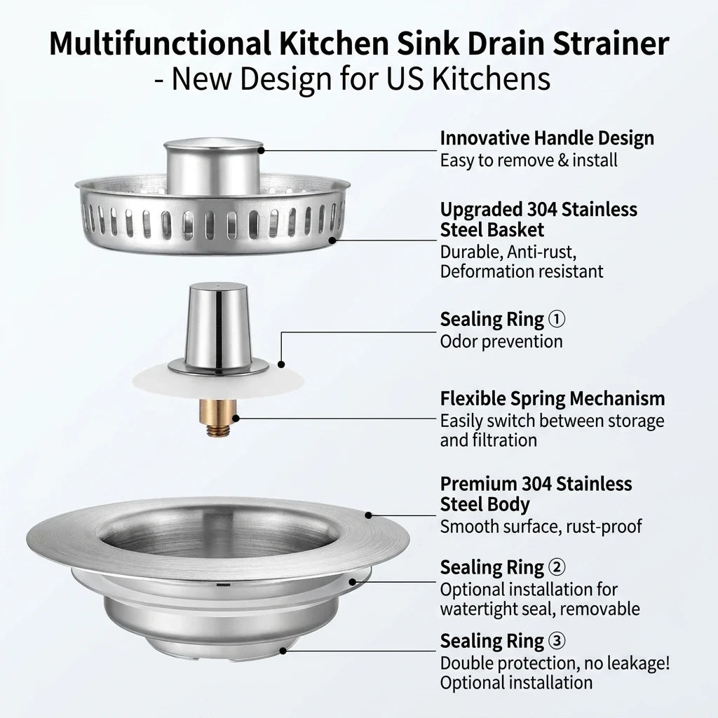 3-in-1 Sink Strainer Pop-Up Stopper with Anti-Clog Basket And Odor Filter Kitchen Sink Drain with Basket Strainer And Stopper