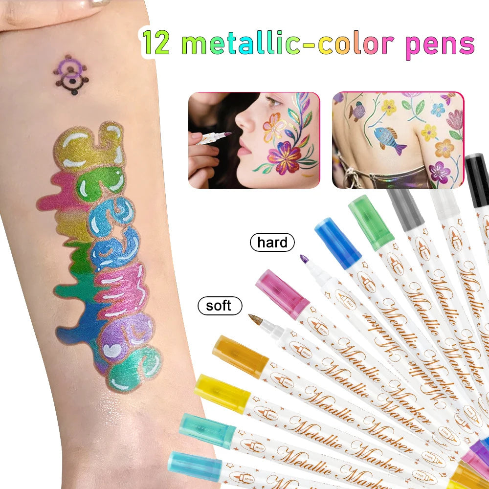 Temporary Tattoo Markers 12 Metallic Marker and 93 Tattoo Stencil Designs Cosmetic Tattoos Pens for Halloween Carnival Christmas