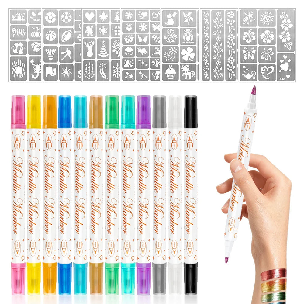 Temporary Tattoo Markers 12 Metallic Marker and 93 Tattoo Stencil Designs Cosmetic Tattoos Pens for Halloween Carnival Christmas