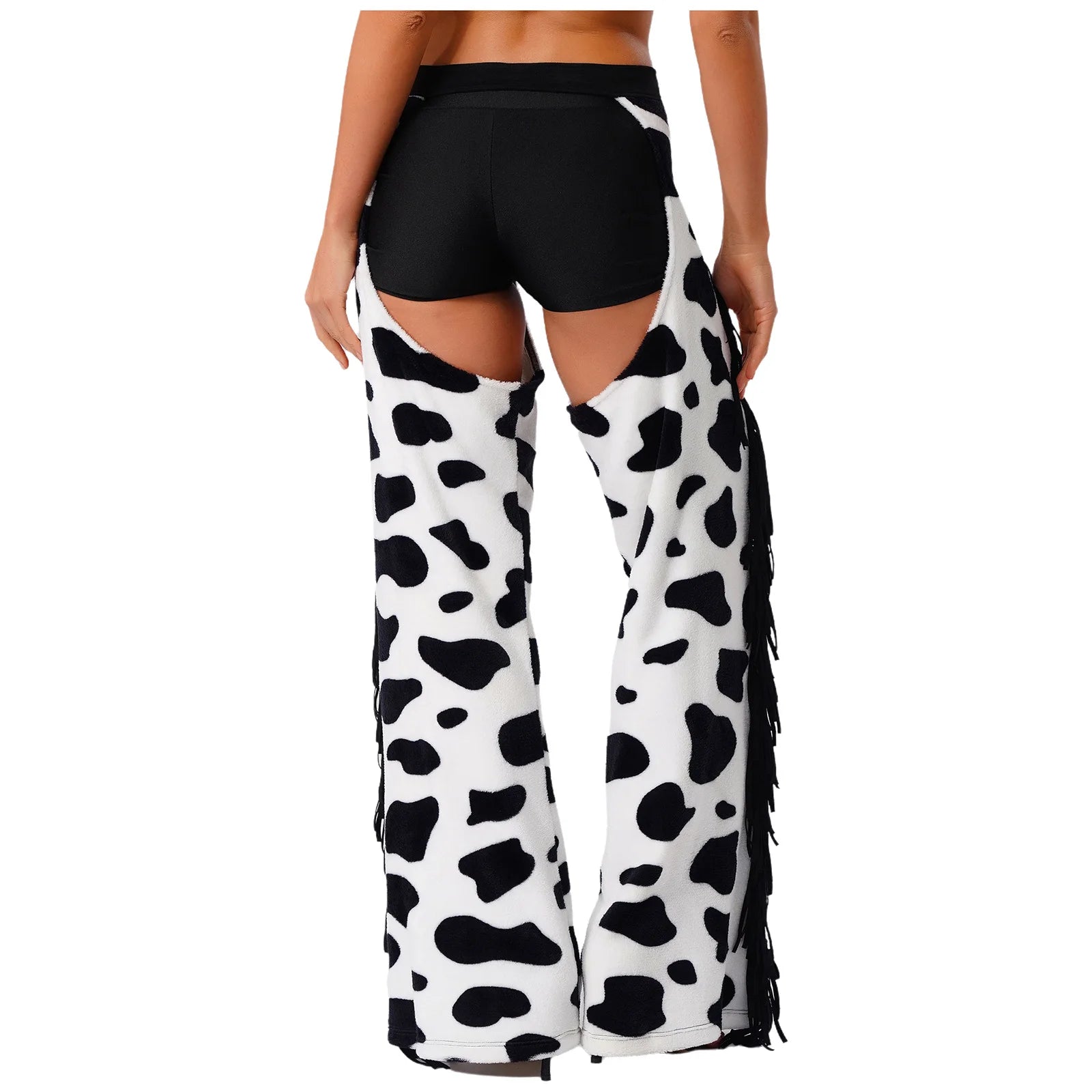 Womens Cow Spot Flannel Long Pants Side Tassel Adjustable Waist Open Crotch Biking Riding Cowgirl Halloween Cospaly Trousers